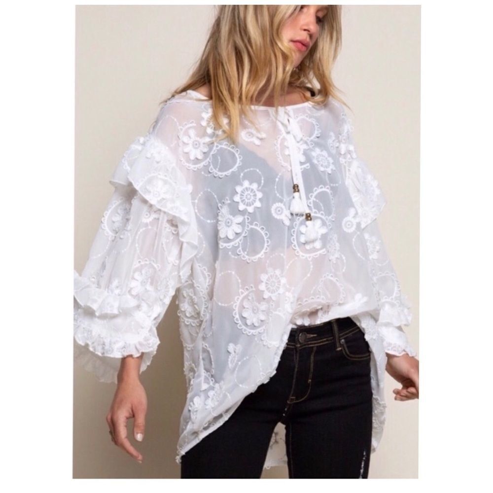 Pol White Boho Embroidered Floral Top with Ruffles